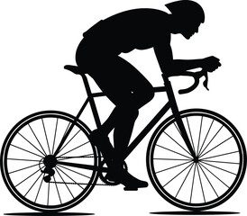 Cyclist wearing helmet on racing bicycle, silhouette athlete pedaling, road cycling posture, professional biker in motion, vector sports illustration