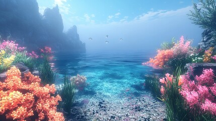 Naklejka premium Scenic view of a clear ocean with colorful coral reefs and rocks under a bright blue sky landscape