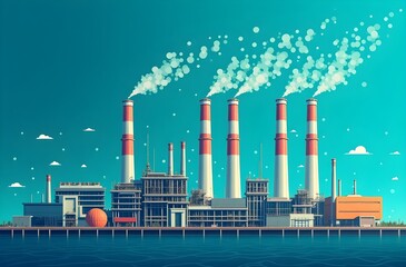 Obraz premium Sustainable Factory Background with Leaf-Shaped Emissions in Bold Line Art Depicting Purposeful Industry