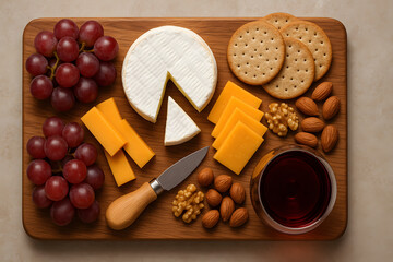 Cheese and fruit board with wine gourmet appetizer elegant snack isolated on wooden background