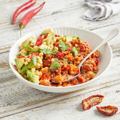 Chili sin carne in a white bowl