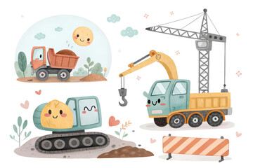 Adorable Construction Vehicles Cute Illustration Set of Trucks and Digger