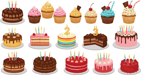 Delicious Birthday Cakes and Cupcakes with Colorful Candles, Perfect for Celebrations flat vector illustration