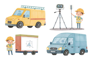 Adorable Cartoon Illustration of Construction Vehicles and Workers