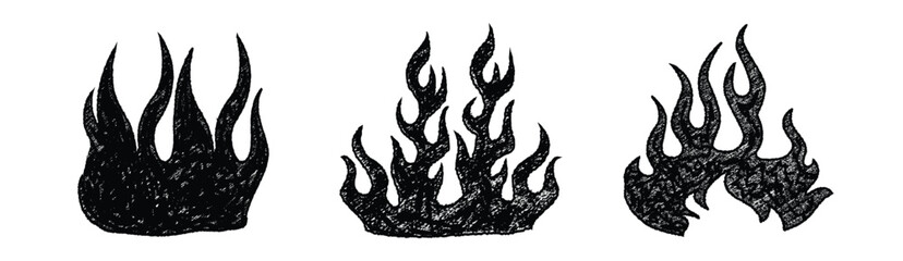 Crayon drawn red fire flames icons collection. Fire flame icon. Crayon vector logo. Hot fire on white background. Flame simple illustration. Graphic heat symbol. Burning vector symbols. Graffiti