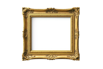 Elegant gold picture frame with intricate detailing isolated on a transparent background, perfect for showcasing artworks or memorable moments