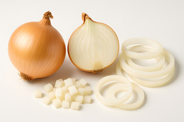 Close up of onions whole sliced diced fresh aromatic healthy vegetable isolated on white background