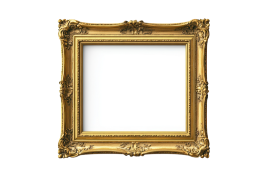Elegant gold picture frame with intricate detailing isolated on a transparent background, perfect for showcasing artworks or memorable moments