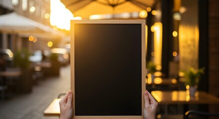 Focused blank sign held by person, restaurant patio behind with golden tones, perfect for promotional mockups.