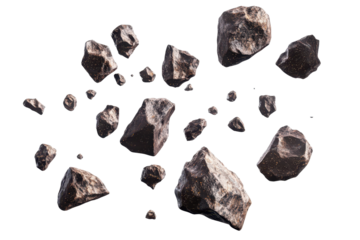 Flying asteroids captured against a white background, showcasing unique rock formations and various sizes in dynamic movement and arrangement