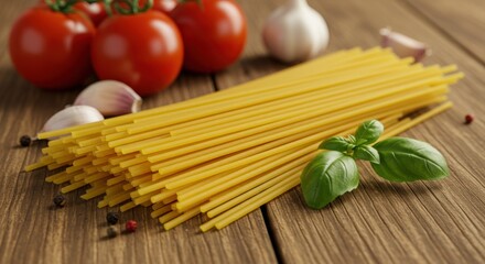 Uncooked Spaghetti Pasta with Tomatoes Garlic and Basil on Wooden Surface