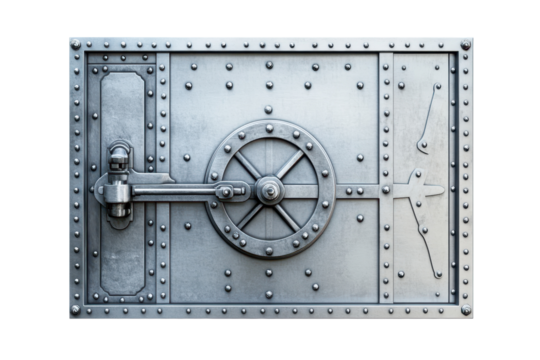Solid steel bank vault door with intricate design showcasing security features and heavy-duty construction for maximum protection and reliability