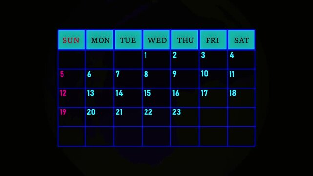 The calendar 31th day of the month is yellow circled ,Calendar interface with highlighted dates and event icons, looped animation.