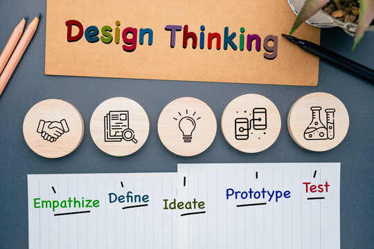Five stages of the design thinking process&mdash;Empathize, Define, Ideate, Prototype, and Test&mdash;illustrated with icons, paper notes, and pencils on a workspace background