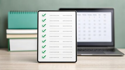 A tablet displaying a checklist with green check marks sits on a desk in front of stacked books and an open laptop showing a calendar.