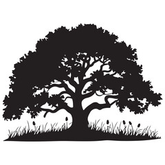 Silhouette of a tree in the field with grass