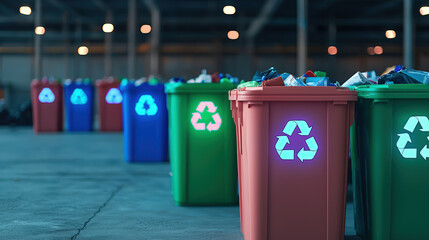 Colorful recycling bins lined up in a spacious indoor facility, promoting waste separation and environmental sustainability.