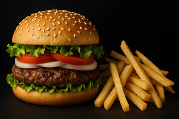 Juicy delicious burger with crispy fries fast food meal American cuisine closeup isolated on black background