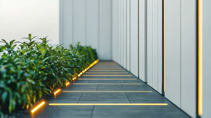 A modern walkway with sleek grey tiles, illuminated by yellow LED strip lights alongside green bushes and a minimalist building facade.