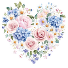 Fototapeta premium Floral Heart's Embrace: A beautifully crafted floral arrangement shaped like a heart, showcasing a delicate array of blooms in soft pastel hues.