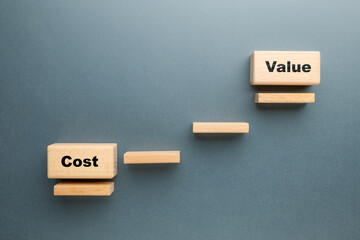 Wooden blocks arranged as a staircase with “Cost” at the base and “Value” at the top,...