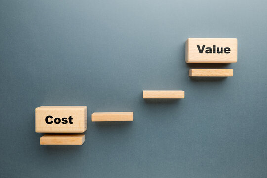 Wooden blocks arranged as a staircase with “Cost” at the base and “Value” at the top, symbolizing business growth, investment mindset, and strategic value creation