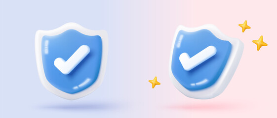 3D shield protection icon with check mark for online payment safety concept. Check mark, correct in minimalist style. 3d quality guarantee icon vector render illustration © Issara