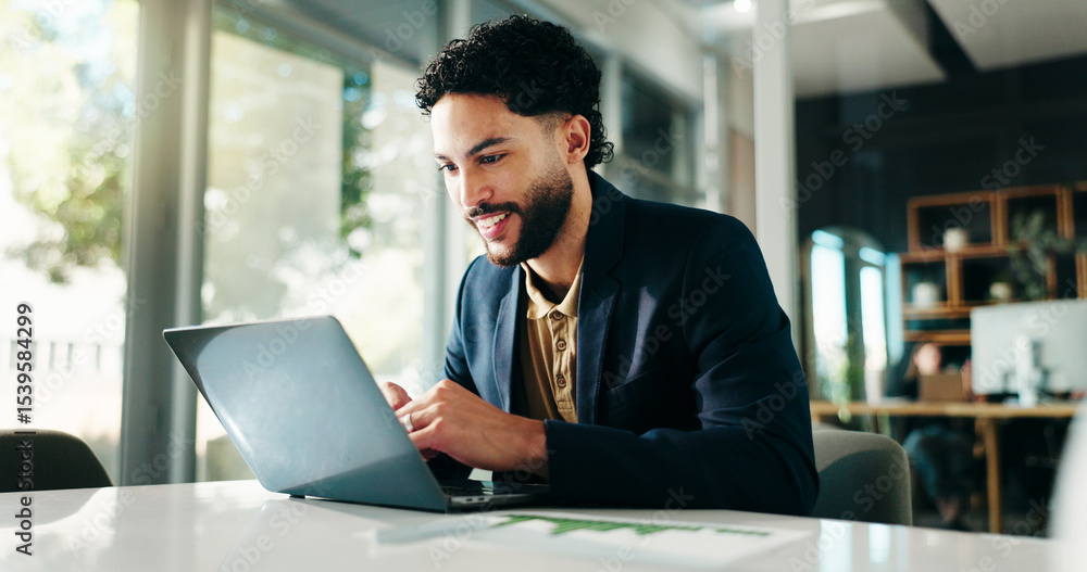 Poster laptop, research and businessman in office with data, charts or graphs for finance statistics. compu