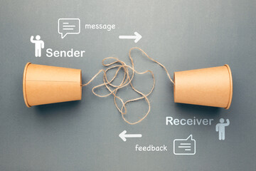 Creative visual of two-way communication using paper cup phone, showing sender, receiver, message,...