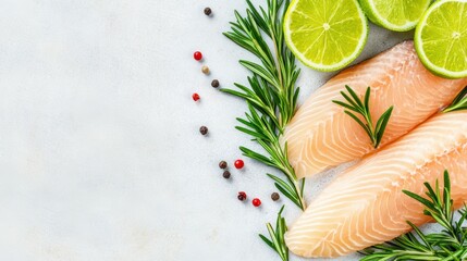 Delicate Salmon Composition: A high-angle view showcases a culinary masterpiece featuring fresh salmon fillets, vibrant lime wedges, sprigs of aromatic rosemary, and a scattering of peppercorns.