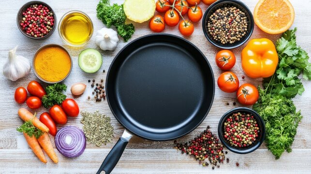 Culinary Canvas: A colorful array of fresh ingredients encircles a sleek, empty pan, inviting the creation of a delicious culinary masterpiece.