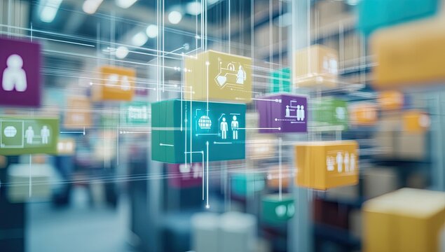 Digital icons representing people and workflow float over a blurred warehouse.  Connections show data flow