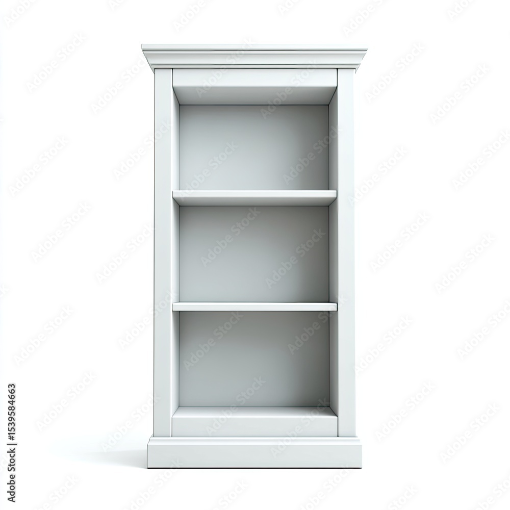 Poster modern white bookshelf with clean lines and open shelving design