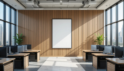 A modern office interior featuring a large framed poster on a wooden wall, with expansive windows and desks