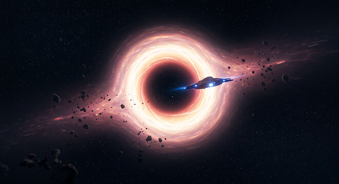 A spaceship flies towards a black hole surrounded by debris and swirling light in deep space.