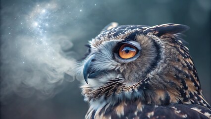 custom pet portrait surreal concept Majestic owl with striking eyes surrounded by a soft mist in a serene setting.