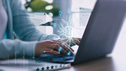 Hands typing on laptop with AI digital interface overlay, symbolizing artificial intelligence integration, big data analytics, and smart technology in daily work and personal life.