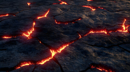 Cracked ground with glowing red lava veins, resembling apocalyptic or volcanic scene
