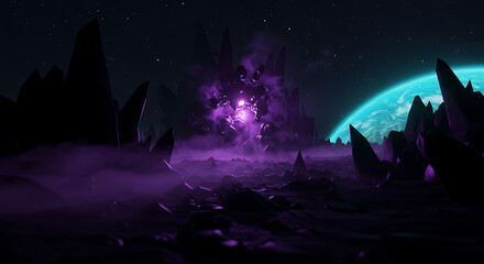 Alien planet landscape with glowing purple energy and distant Earth-like planet.