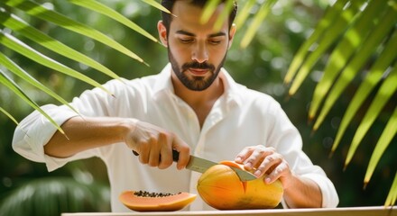 Young Man Cutting Orange Papaya in Tropical Garden Bright Natural Light