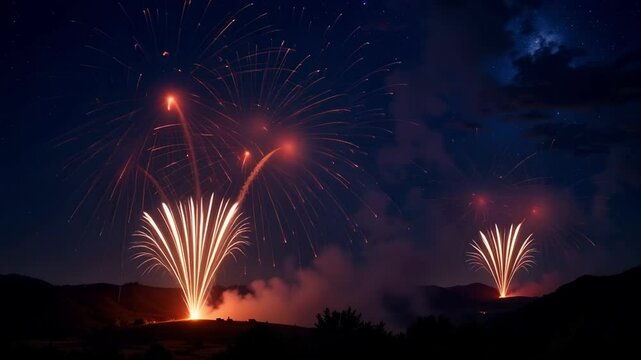 Stunning 4K Fireworks Bloom Deep Violet Crimson Red Golden Orange Upper Left Quadrant Night Sky Celebration Festive Display