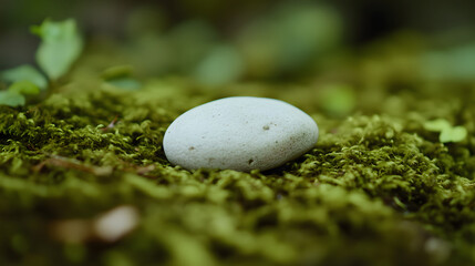 Close up of smooth white stone on mossy surface, conveying serenity and natural beauty