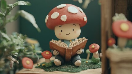 Obraz premium Clay mushroom child reading book