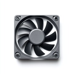 Black Blades of a Computer Cooling Fan Against a White Background
