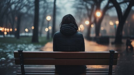Lonely person sits on an empty bench staring into the distance with a heavy heart.