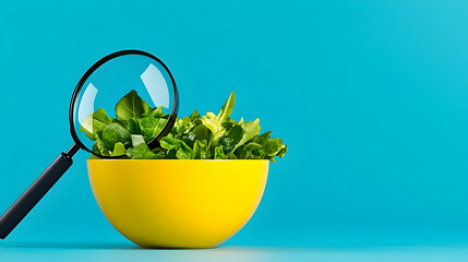 The nutritional label of a nutritious salad bowl is magnified by a magnifying glass, signifying food awareness and facts.


