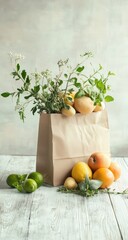 Brown paper bag overflowing with fresh fruits and herbs