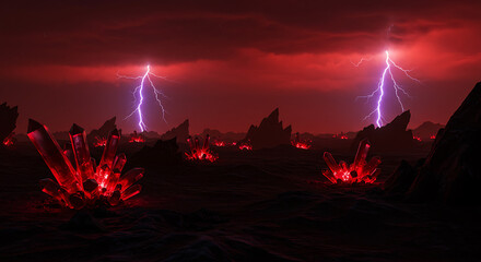 A dramatic fantasy landscape featuring glowing red crystals under a stormy sky with lightning.