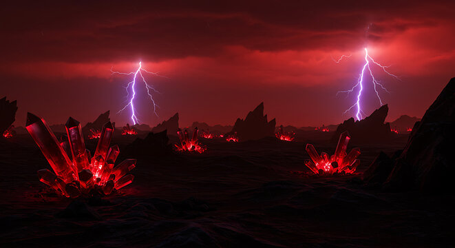 A dramatic fantasy landscape featuring glowing red crystals under a stormy sky with lightning.