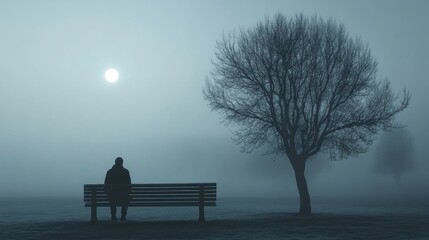 Lonely person sits on an empty bench staring into the distance with a heavy heart.